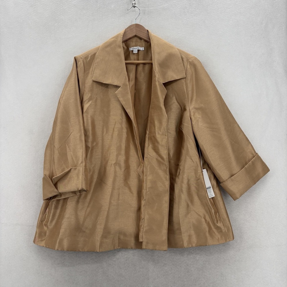 Chico's Shantung Midlength Jacket Womens 3 Beige Collared Open Front Lined NWT